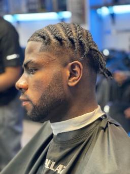 skin fade ,scissors on top with beard, spong twist, brow shape up and wash