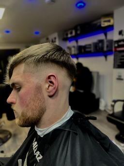 skin fade ,scissors on top with beard, spong twist, brow shape up and wash